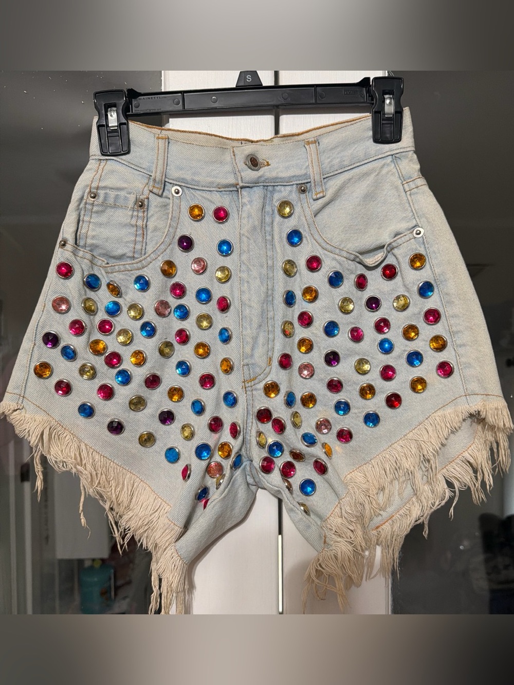 Studded Light Wash Denim Fringe Shorts - Multicolor Embellishment